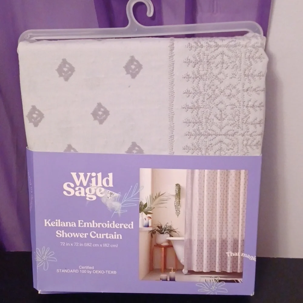 New Wild Sage Grey Keilana Embroidered Shower Curtain 72 in x 72 in